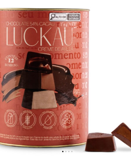 LUCKAU BOMBOM DE CHOCOLATE BELGA 54% COM AMENDOIM COM AVELA  200G LATA