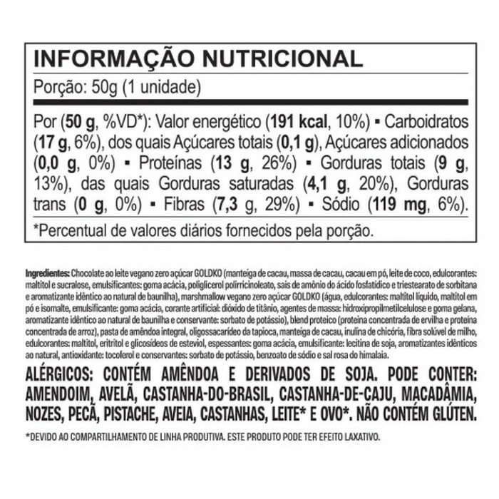 BARRA DE PROTEINA CHOCOLATE AO LEITE COM MARSHMALOW VEGANA 50G GOLDKO - Imagem 2