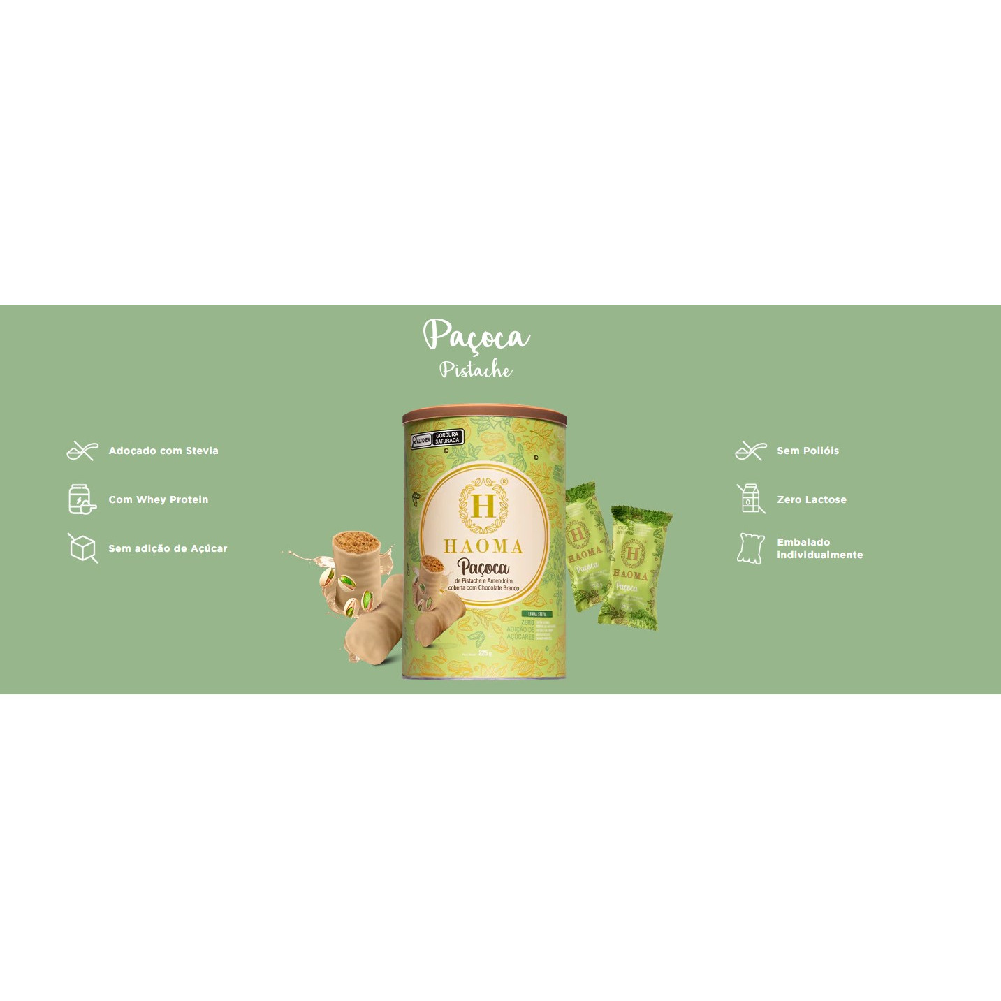 PACOCA PISTACHE C/ CHOC. BRANCO (STEVIA) - 225G LATA HAOMA